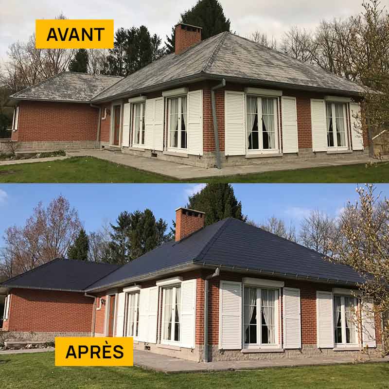 Nettoyage et peinture hydrofuge toiture -  PRONIELS Toiture & Façade artisan couvreur en Belgique : Namur, Flandre, Wallonnie, Bruxelles, Liège .... nettoyage, démoussage, traitement anti-mousse toiture. peinture hydrofuge toiture.  intervention en BELGIQUE : région Flamande, Wallonne et Bruxelles, Namur, Liège …. PRONIELS Toiture & Façade basé sur Namur intervient dans toute la Belgique.