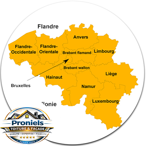 PRONIELS TOITURE & FAÇADE : couvreur toiturier en Belgique : Flandre, Wallonnie et région Bruxelles. travaux de charpente, traitement des bois de charpente et menuiserie, travaux de couverture et faîtage en neuf et en rénovation, zinguerie, dépannage urgent fuite toit, entretien de toiture : nettoyage, démoussage et peinture hydrofuge toiture, étanchéité toit plat terrasse roofing et nettoyage des extérieurs : allées, pavés, klinkers, pierres bleues, terrasses …  ... intervention en BELGIQUE: région Flamande, Wallonne et Bruxelles, Namur, Liège …. PRONIELS Toiture & Façade basé sur Namur intervient dans toute la Belgique.